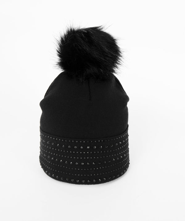 Black Folded Brim Hat with Rhinestone Embellishment