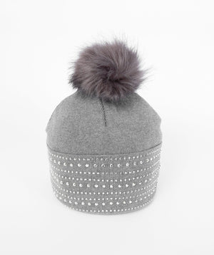 Silver Grey Pull On Hat with Rhinestone Embellishment