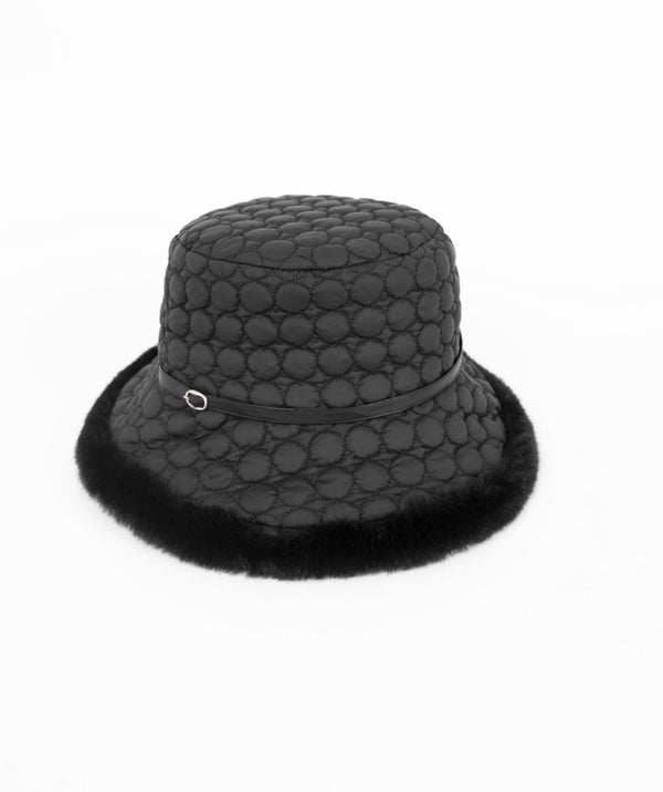 Black Quilted Rainproof Downbrim Hat with Faux Fur Trim