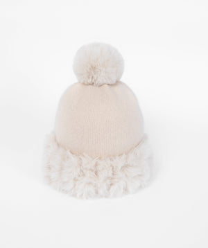 Almond Beanie Hat with Faux Fur Trim and Pom Pom