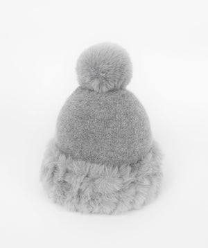 Silver Grey Beanie Hat with Faux Fur Trim and Pom Pom