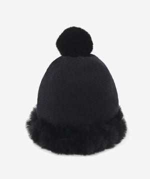 Black Pull on Beanie Hat with Faux Fur Trim