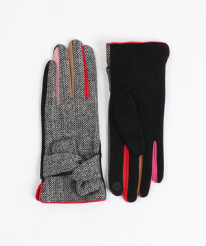 Black Herringbone Gloves with Faux Suede Palm