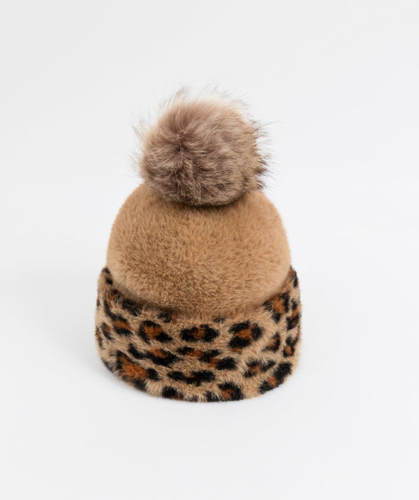 Leopard Faux Fur Trim Hat with Pom Pom