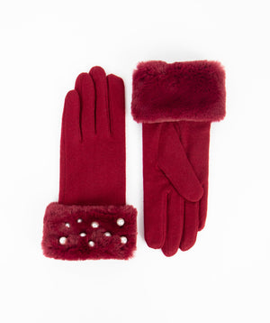 Berry Wool Gloves with Faux Fur Cuff and Pearl Embellishments