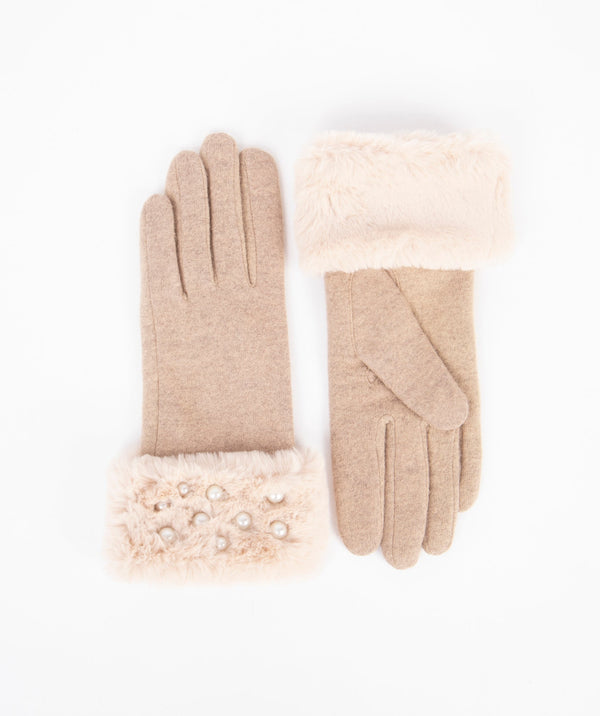 Honey Wool Gloves with Faux Fur Cuff and Pearl Embellishment