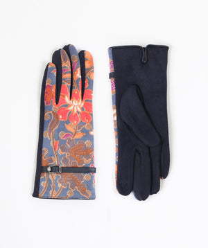 Navy Floral Pattern Gloves with Faux Suede Backing