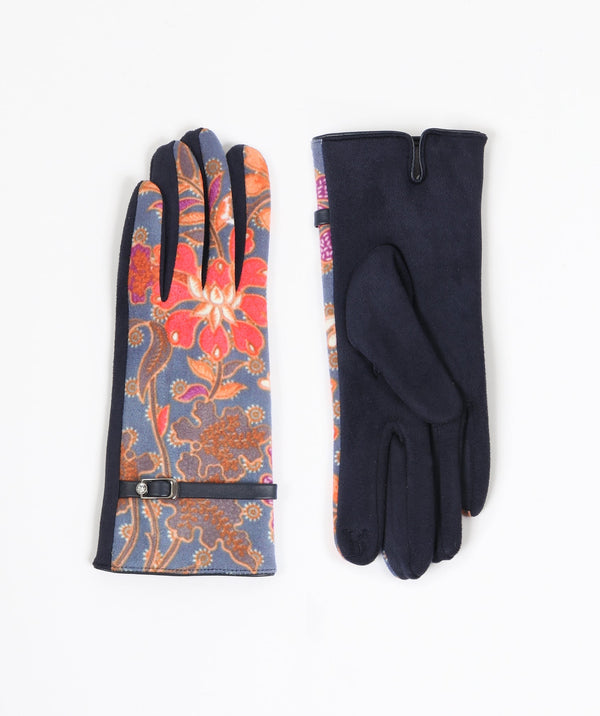 Navy Floral Pattern Gloves with Faux Suede Backing