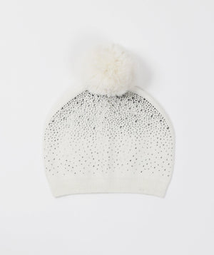 Ivory Beanie Hat with Sparkling Rhinestone Embellishments