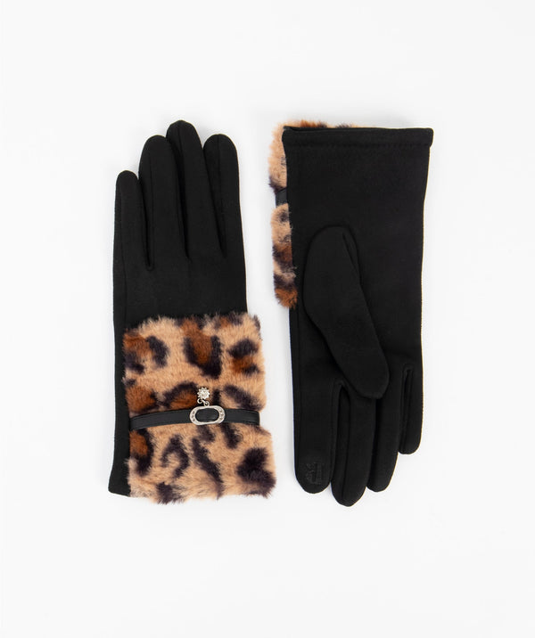 Leopard Faux Fur Gloves with Belt Detail