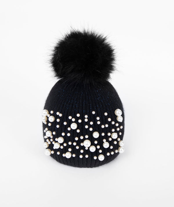 Black Rib Knit Beanie Hat with Pearl Embellishments