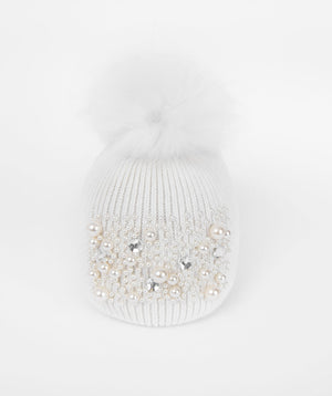 Ivory Rib Knit Beanie Hat with Pearl Embellishments