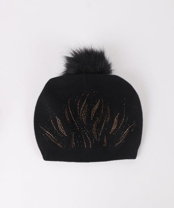 Black Soft Hat with Jewelled Embellishments and Detachable Pom Pom