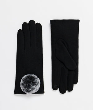 Black Touchscreen Gloves with Faux Fur Pom Poms and Soft Lining