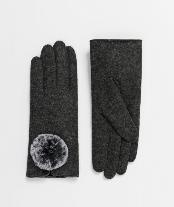 Charcoal Touchscreen Gloves with Faux Fur Pom Poms