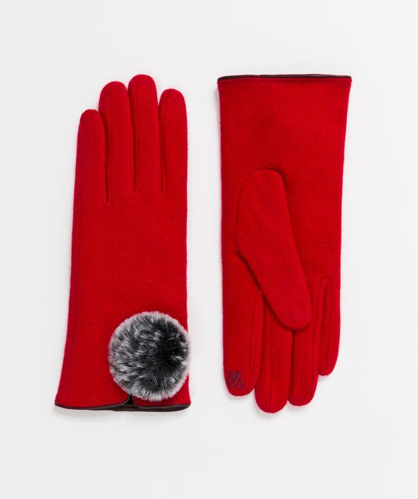 Red Touchscreen Gloves with Faux Fur Pom Poms