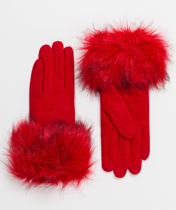 Red Faux Fur Cuff Gloves with Touchscreen Capability