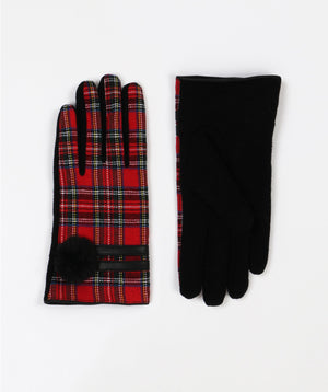 Stewart Red Tartan Gloves with Faux Fur Pom Pom