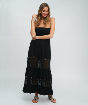 Black Silky Maxi Dress with Empire Waist and Lace Details