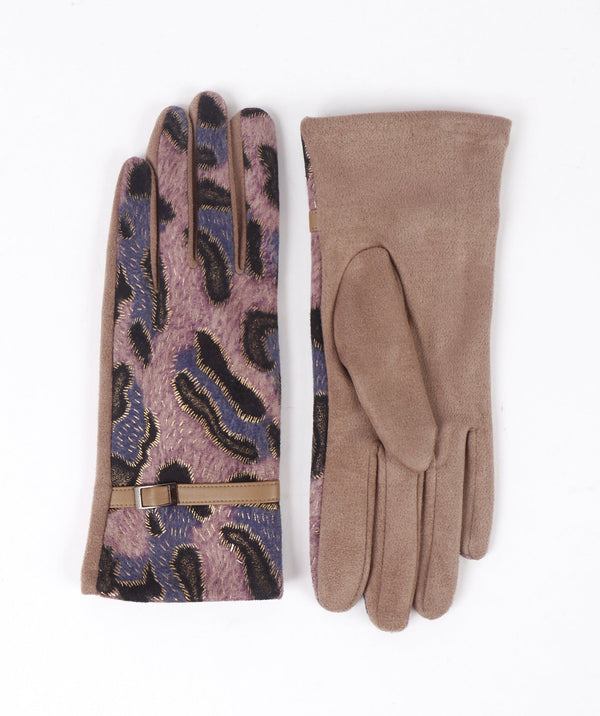 Beige Animal Print Gloves with Belt Embellishment