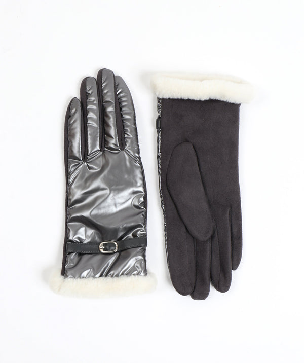 Pewter Metallic Gloves with Patent Sheen and Faux Fur Trim