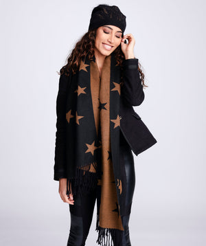 Black and Tan Reversible Star Print Scarf with Knotted Fringes