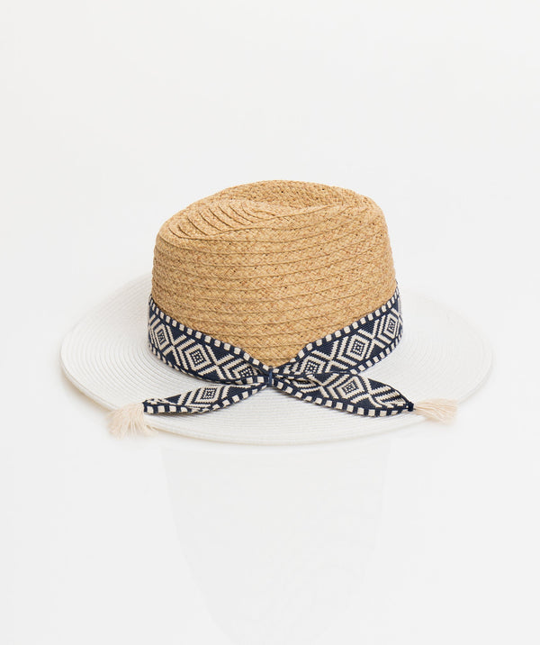 Women`s Straw Fedora Hat - Tan-White