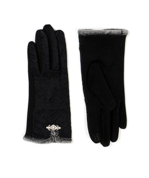 Black Textured Gloves with Faux Fur Detailing and Jewel Embellishment