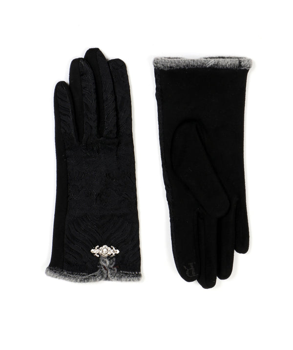 Black Textured Gloves with Faux Fur Detailing and Jewel Embellishment