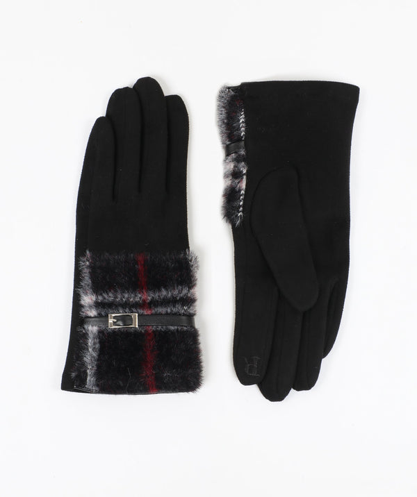 Black Tartan Gloves with Faux Suede and Belt Embellishment